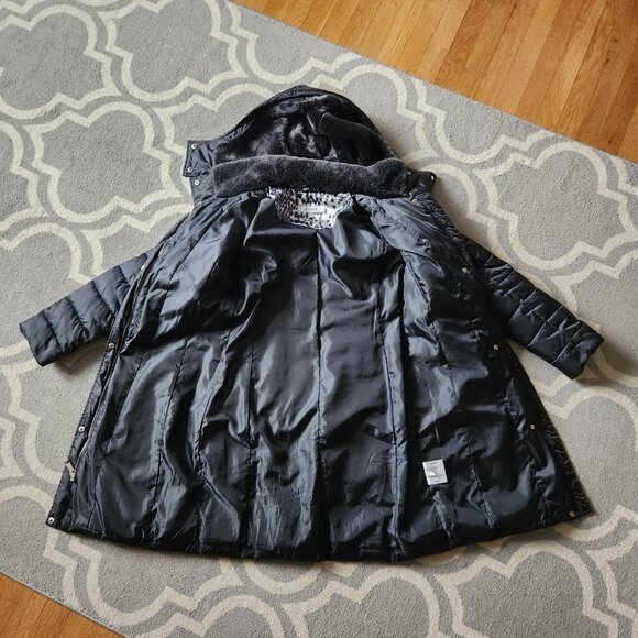 Nine West Faux Fur Collar & Hood Chevron Puffer Coat Jacket Parka Black Sz Small - Picture 9 of 13